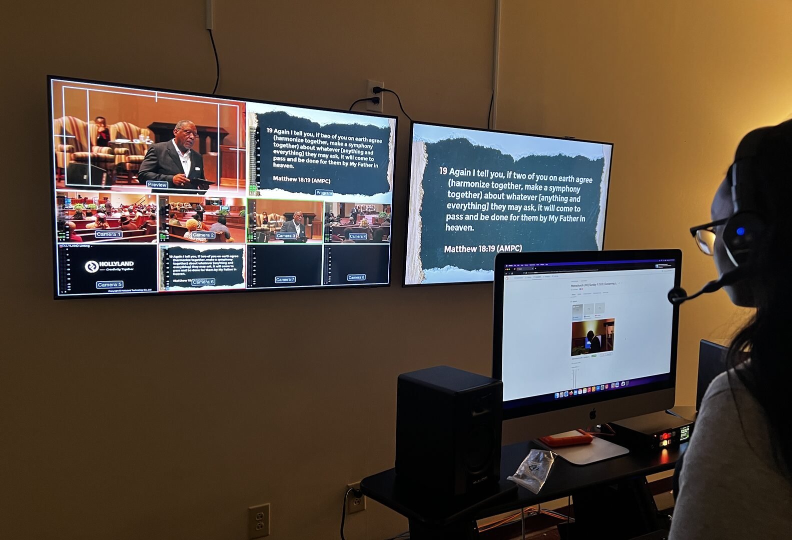 Livestream control room monitor wall by Nathan L. Bell Developments