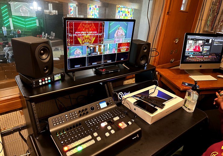 Livestream control room and production monitor setup