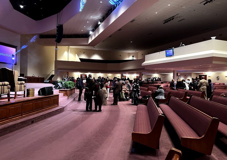 Wide view of church sanctuary AV installation by Nathan L. Bell Developments